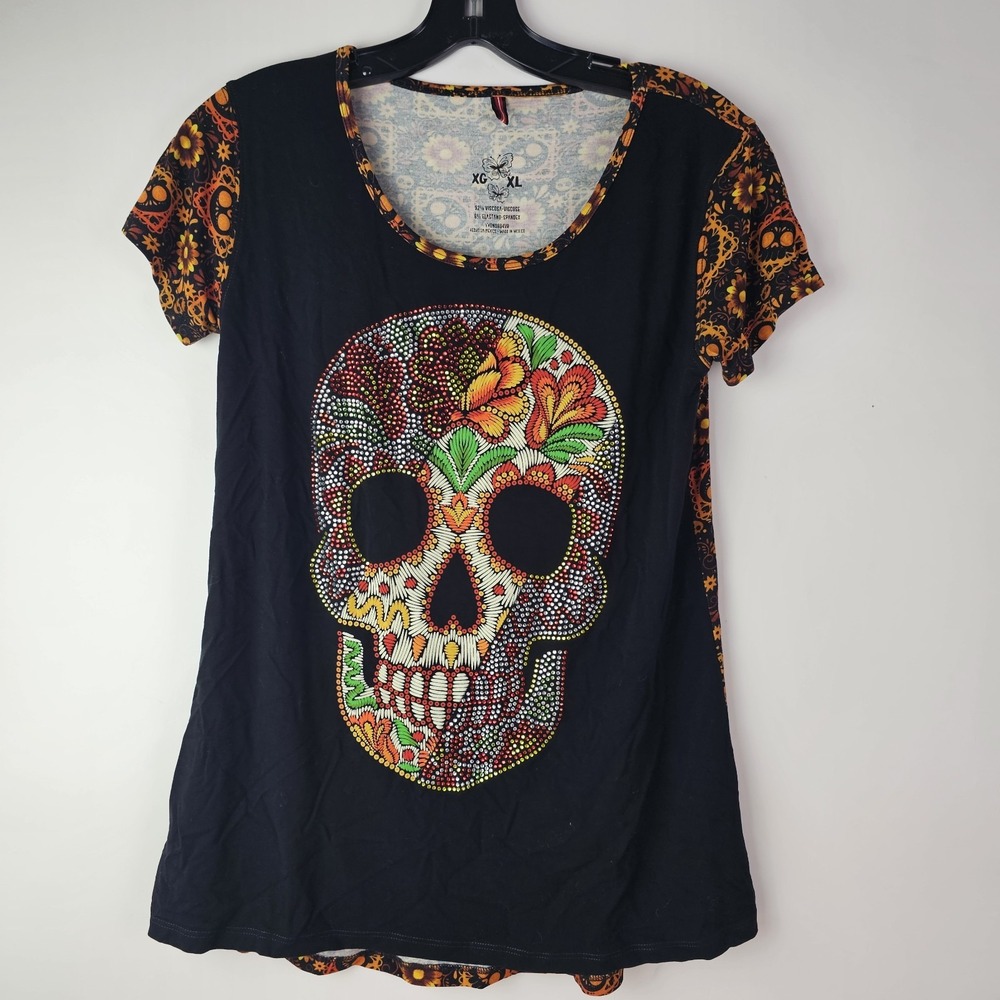Ay Guey Women's XL Sparkle Skull Day of the Dead SS Top Halloween Holiday TShirt